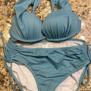 Venus size 8- woman’s Halter top bikini- bottom full coverage grayish soft blue